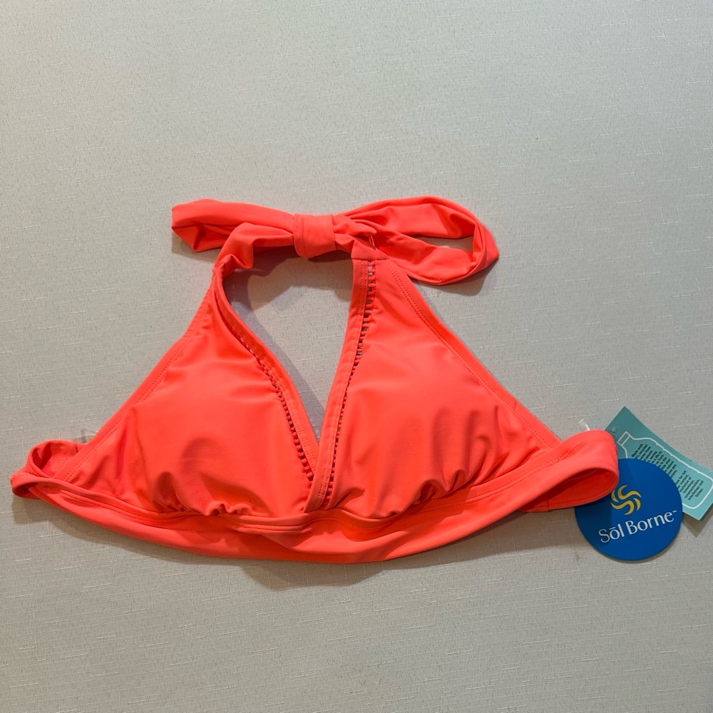 NWT Sol Borne Neon Coral Halter Bikini Top Size Medium
